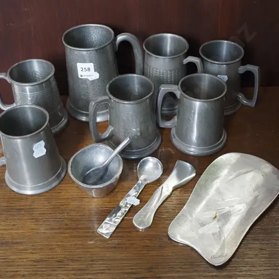 pewter tankards, sugar, cheese board