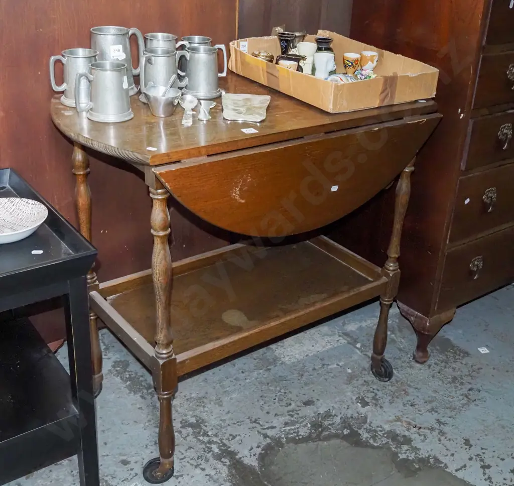 oak 2 tier drop side tea trolley Image 1++