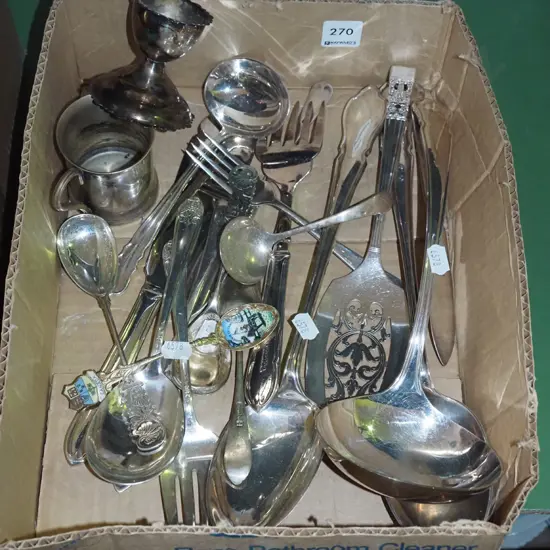 box; plated servers, forks, knives, egg cup etc