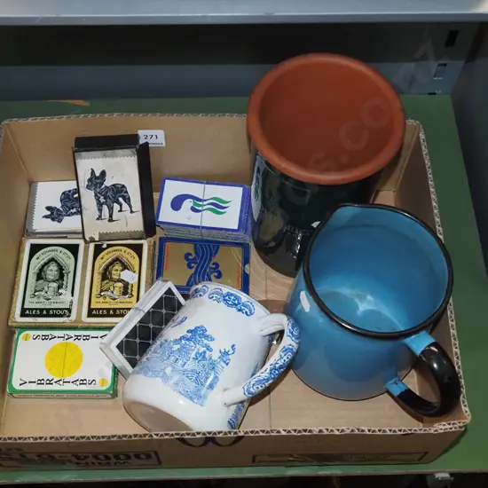 box; playing cards, wine cooler, 2x enamel jugs