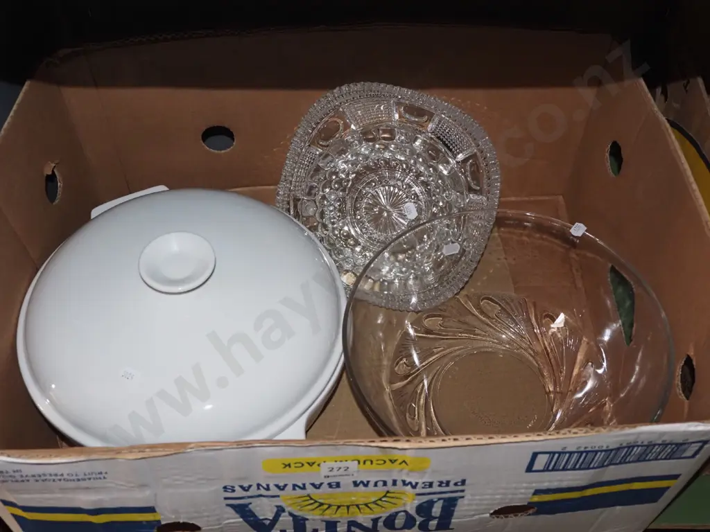 box; glass bowl, large lidded casserole, cut glass plates Image 1++