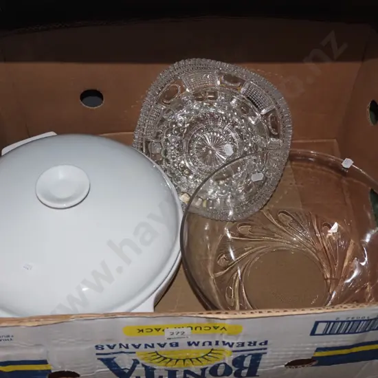 box; glass bowl, large lidded casserole, cut glass plates