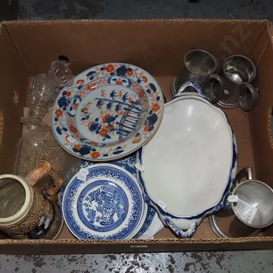 box; beer tankards, willow plates plates and saucers, glass ware etc