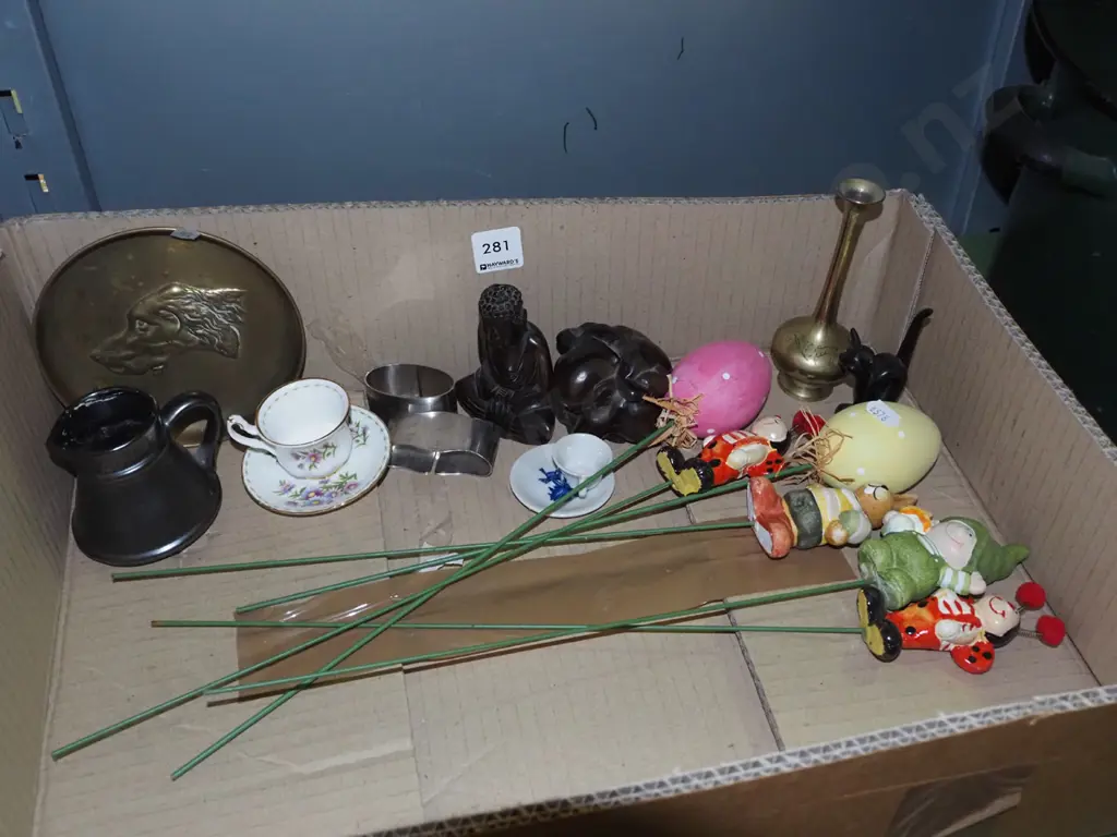 box; garden ornaments, brass tray, miniature cup and saucer etc Image 1++