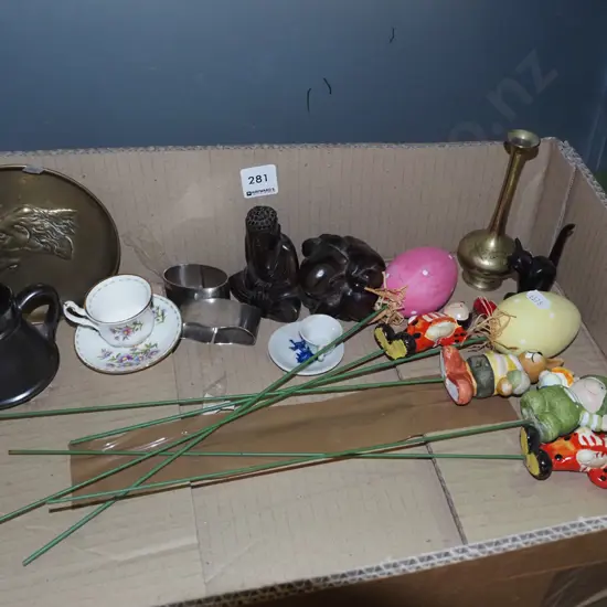 box; garden ornaments, brass tray, miniature cup and saucer etc