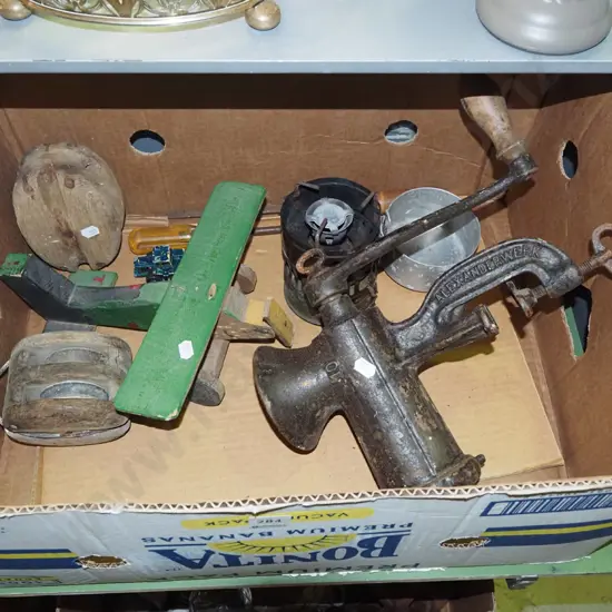 box; large mincer, wooden plane, camp stove etc