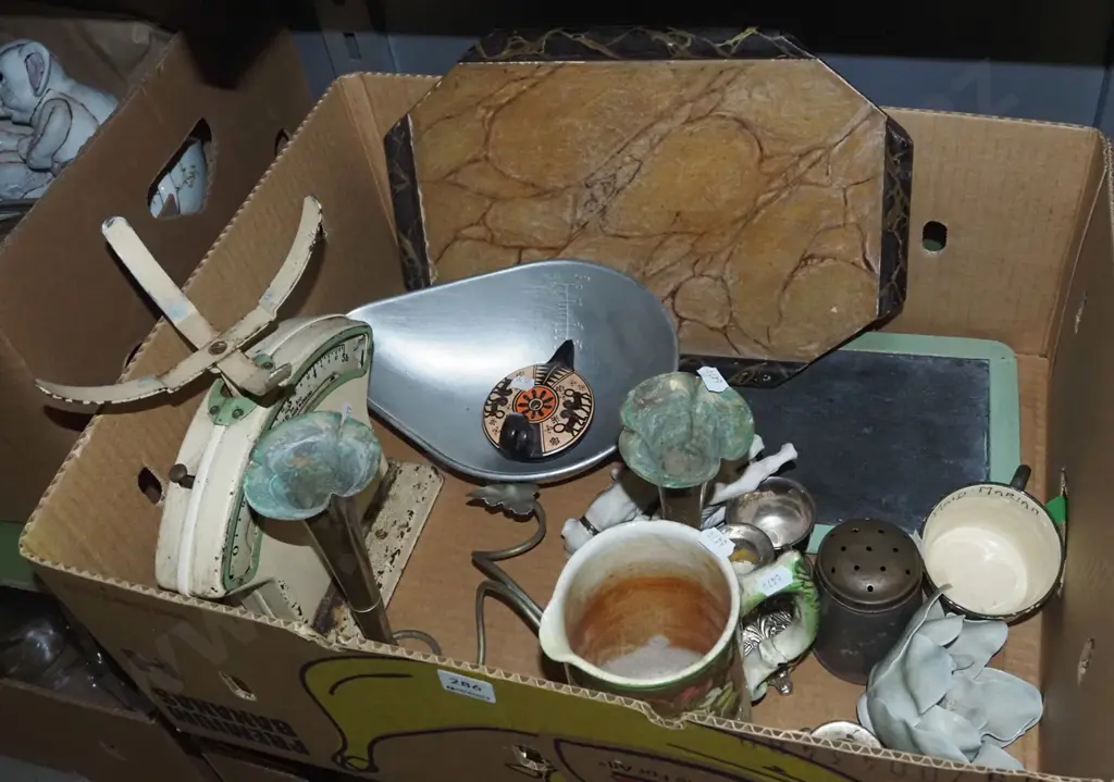 box; vinatge scales, old school slate, candelabra etc Image 1++