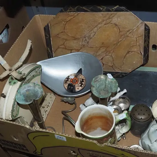 box; vinatge scales, old school slate, candelabra etc