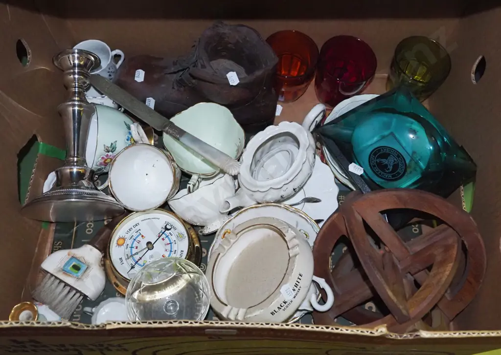 box; ashtrays, glass tumblers, candlesticks, barometer etc Image 1++