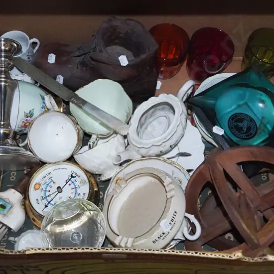 box; ashtrays, glass tumblers, candlesticks, barometer etc