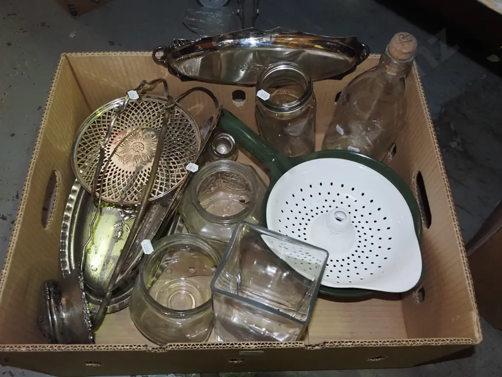 box; plated ware, colanders, glass bottle etc Image 1++