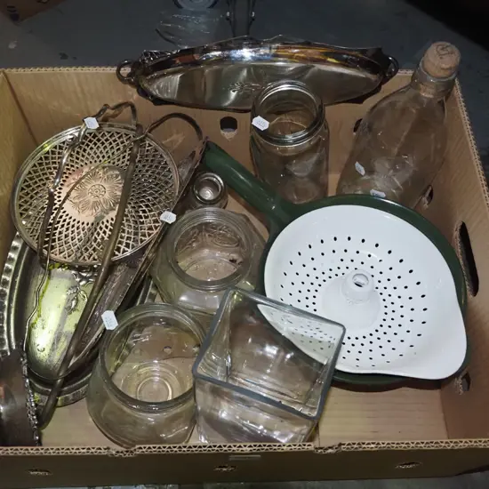 box; plated ware, colanders, glass bottle etc