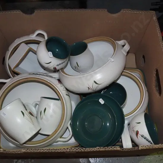 box; numerous Denby green wheat items; casseroles, pots - missing lids