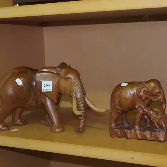 2 carved wooden elephant figures - taller is H170