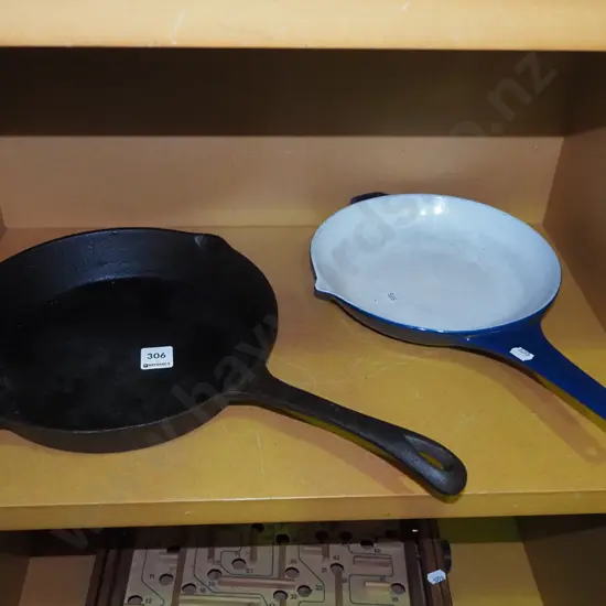 cast iron and cast iron and enamel frying pan