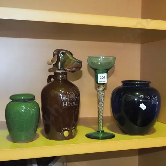 ginger, whisky decanter, stemmed glass etc