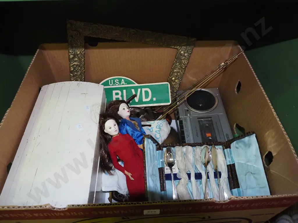 box; dolls, small radio cassette player, cased cutlery etc Image 1++