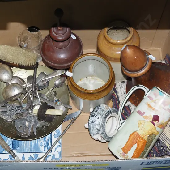 box; stoneware crocks, finial etc