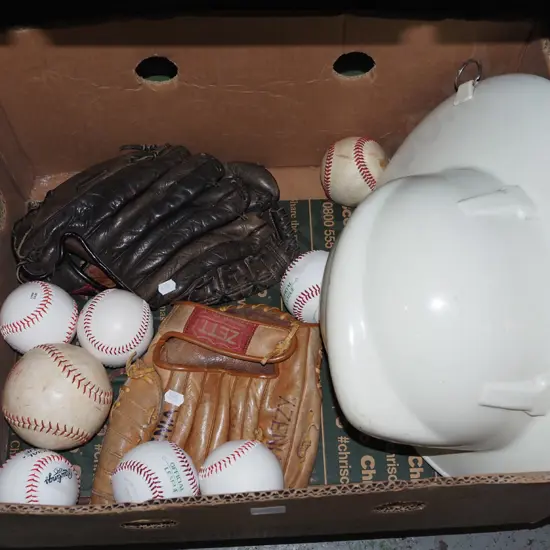 box; fireman helmets, baseball gloves, softball etc