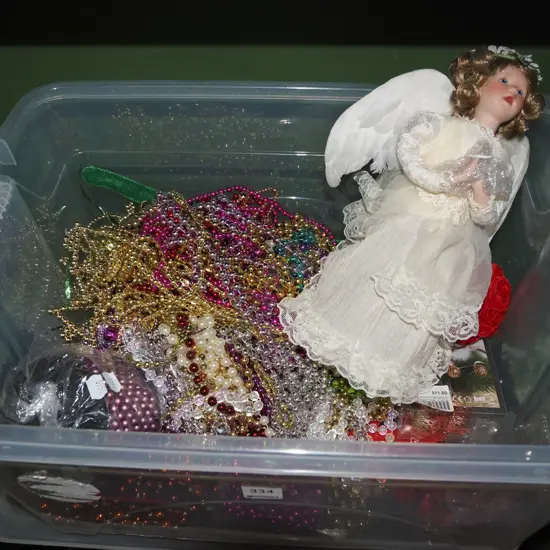 box; multicolour beads, Xmas tree angel etc