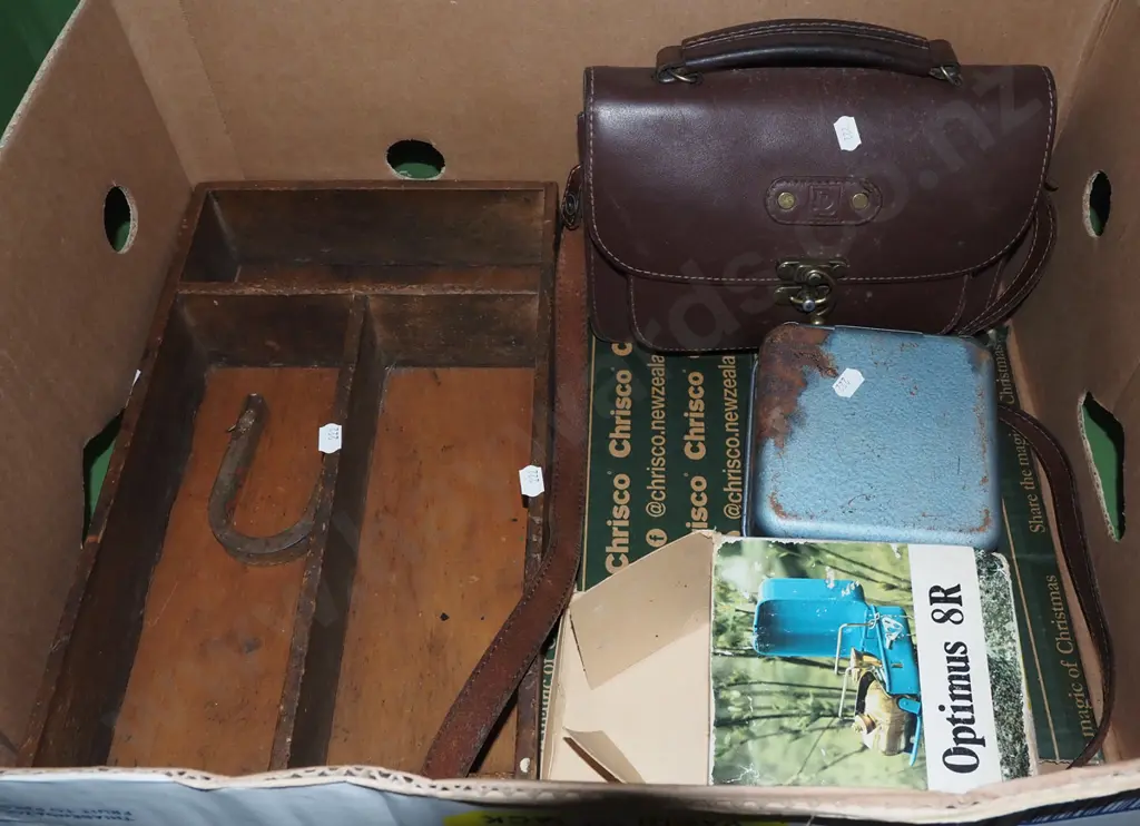 box; leather satchel, camp stove, wooden tray etc Image 1++