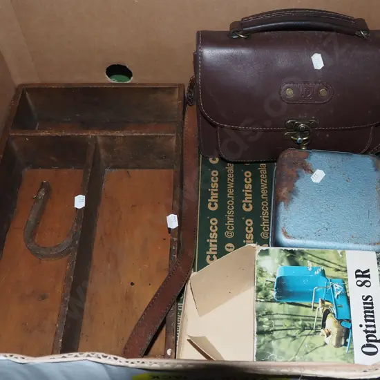 box; leather satchel, camp stove, wooden tray etc