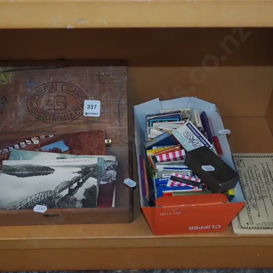 cigar box, matchboxes, postcards etc