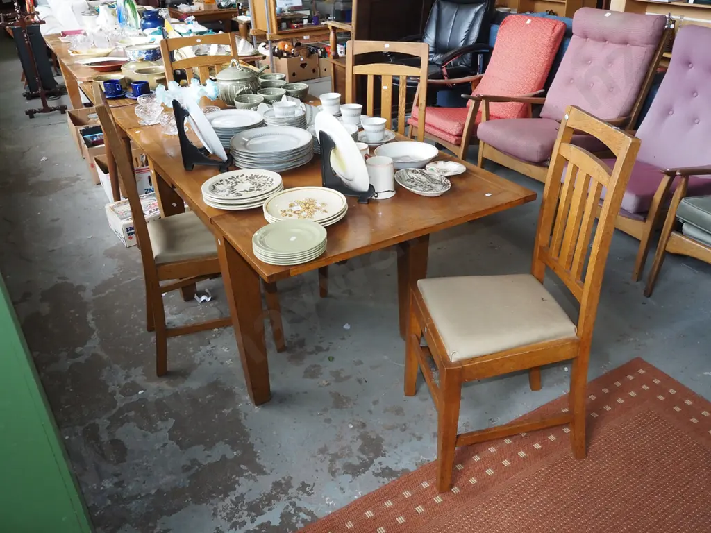 oak extending dining table with 4 matching vinyl highback chairs H760 W1760 D840 Image 1++