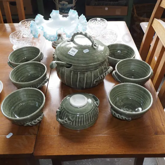 studio pottery lidded soup tureen with 7 bowls and ladle