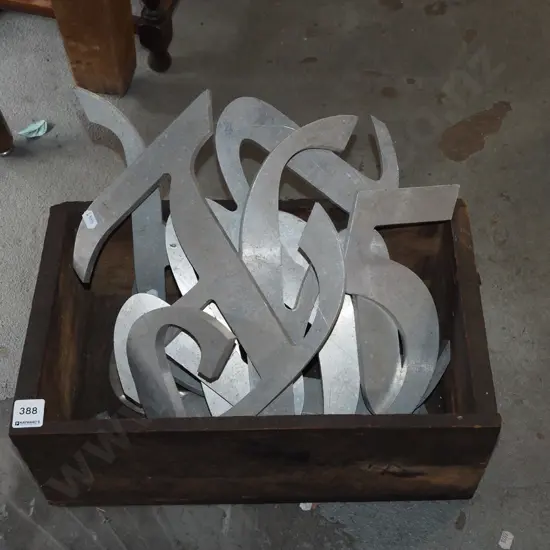 wooden box; various cut out letters and numbers