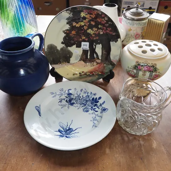 rose bowl, water jug, plates, blue studio pottery ewer vase