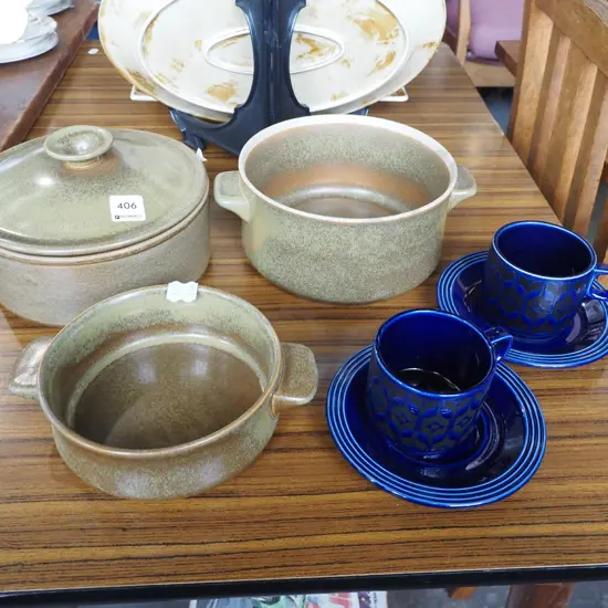 Temuka pottery lidded dishes, blue cups and saucers 