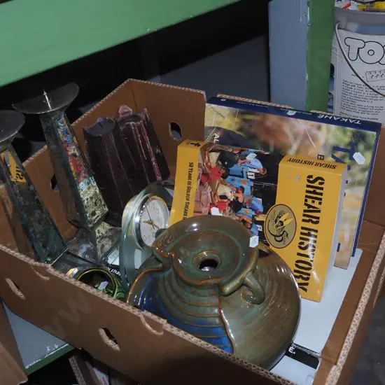 box; candles, candlesticks, books etc