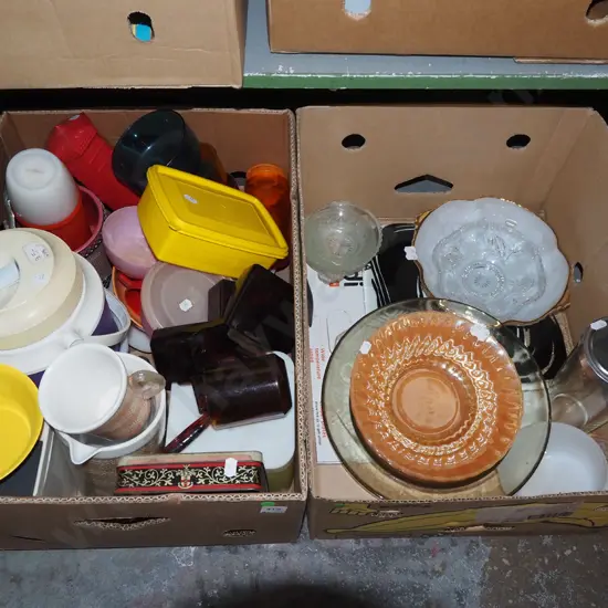 2x boxes; tupperware, glass bowls, cocktail shaker etc - green dots