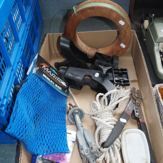 box; fishing gear, rod holders, reel, anchor etc