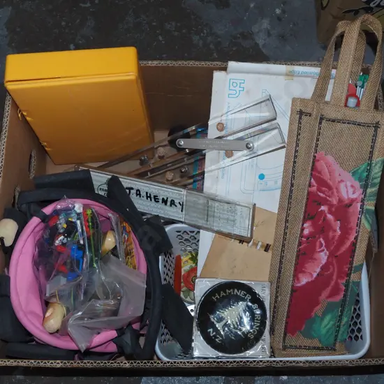 box of crafting items; knitting needles, pencils etc