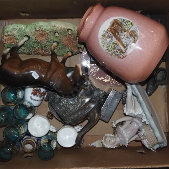 box; retro tumblers, leather jewellery box, Lladro figurine - damage etc