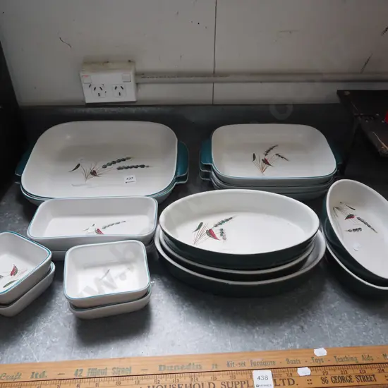 assorted Denby green wheat baking dishes