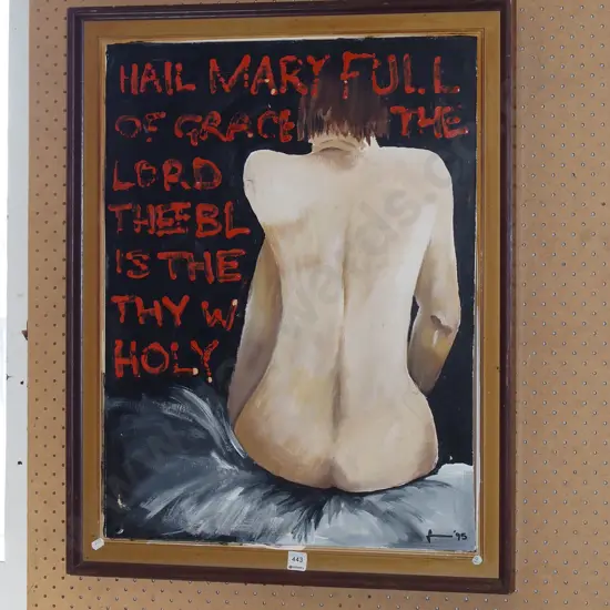 framed oil - female form back, religious prayer 