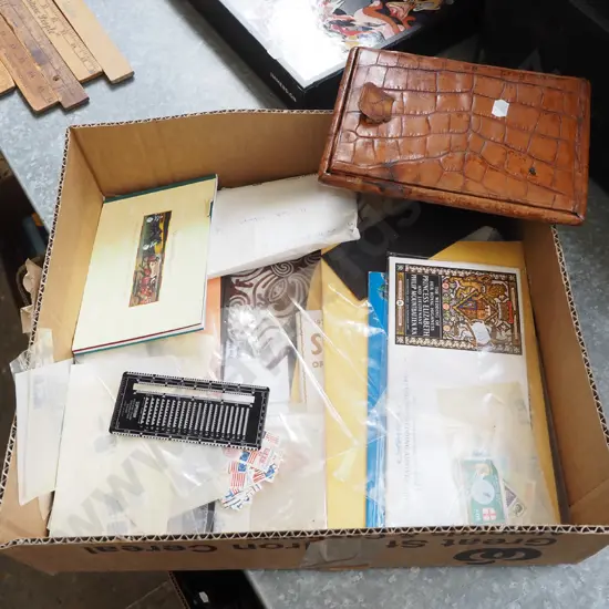box; stamps, first day covers, mirror etc