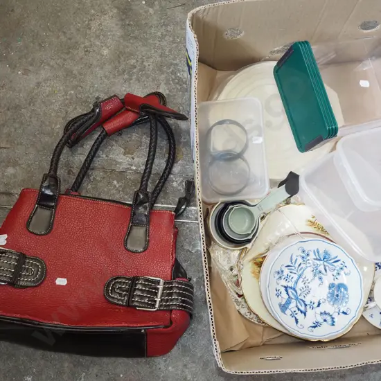 box; measuring cups, plastic storage containers, plates, saucers etc