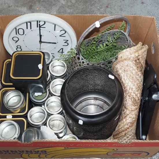 box; wall clock, storage canisters, placemats etc