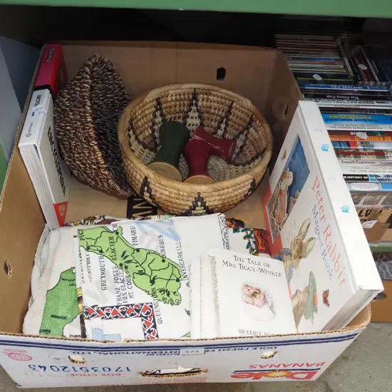 box; tea towls, Beatrice Potter books, vases etc