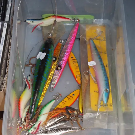plastic container; game fishing lures