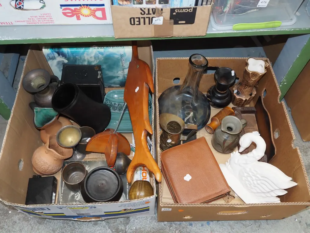 2x boxes; wooden fish ornaments, storage canisters,vases, plaster swan ornament  orange dots etc Image 1++