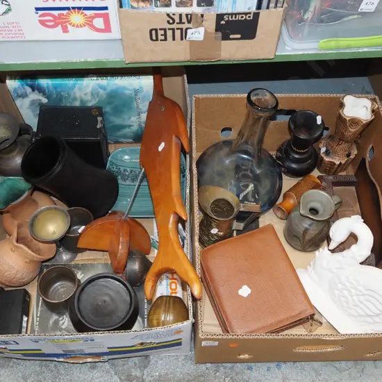 2x boxes; wooden fish ornaments, storage canisters,vases, plaster swan ornament  orange dots etc