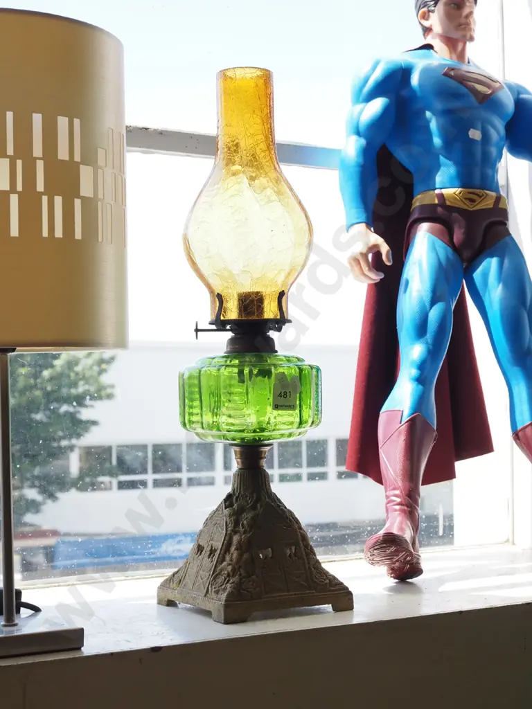 cast alloy and coloured glass kerosene lantern H510 Image 1++