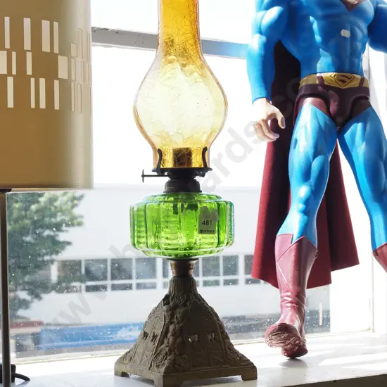 cast alloy and coloured glass kerosene lantern H510