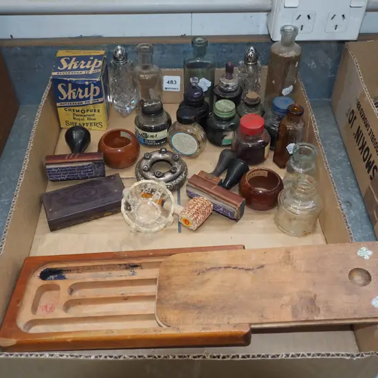 box; ink bottles, pencil case etc