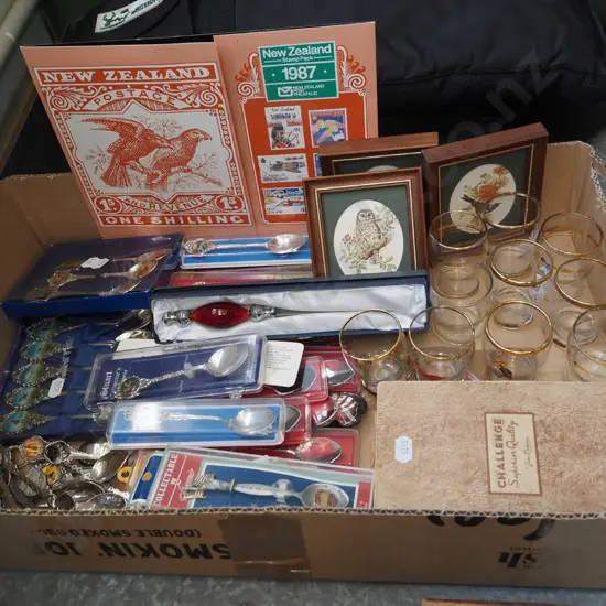 box; notebooks, stamps, shot glasses etc